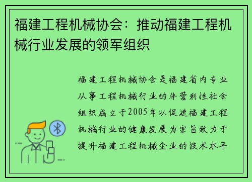 福建工程机械协会：推动福建工程机械行业发展的领军组织